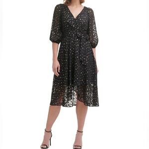 Metallic Clip Dot Faux Wrap Dress